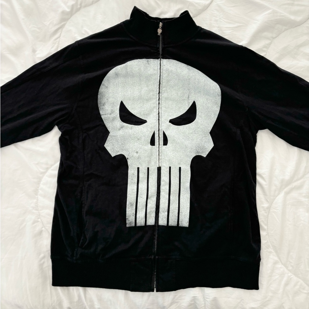 Marvel Punisher Black and White Zip Up Sweater with Skull Design Men’s L Large